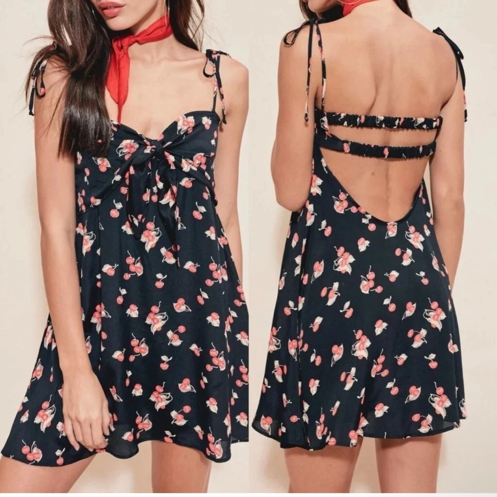 For Love & Lemons Cherry Print Mini Sundress, Bow Front, Open Back, New w/ Tags